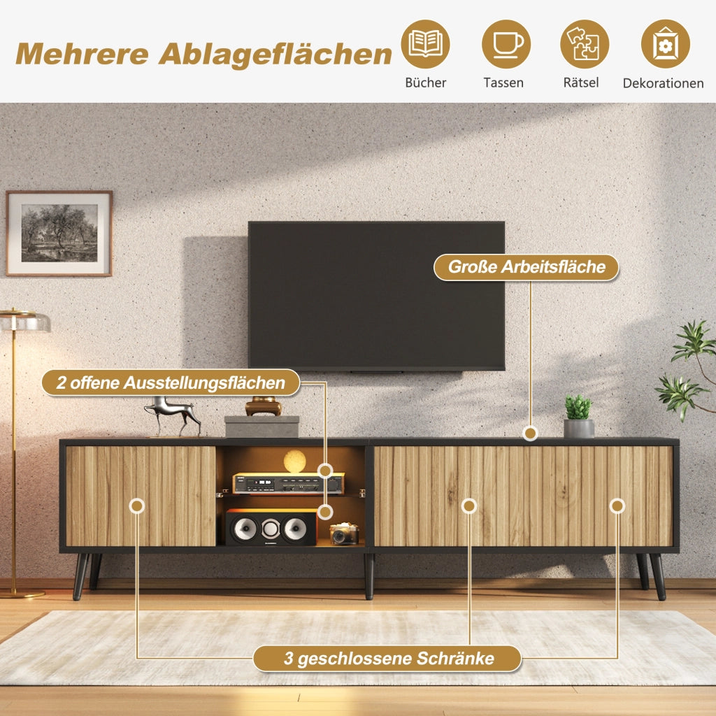 Mobile TV LED con 3 ante e ripiani in vetro regolabili per soggiorno, legno naturale e nero, 175 × 31 × 43.5 cm