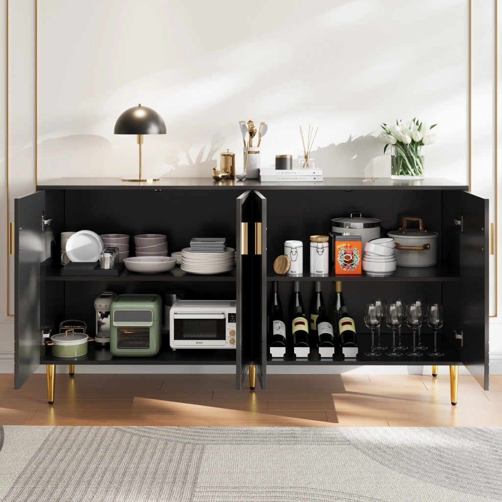 Credenza con 4 ante, 2 cassetti e vani contenitore, frontali ondulati per soggiorno, in MDF nero, 152 × 40 × 75 cm