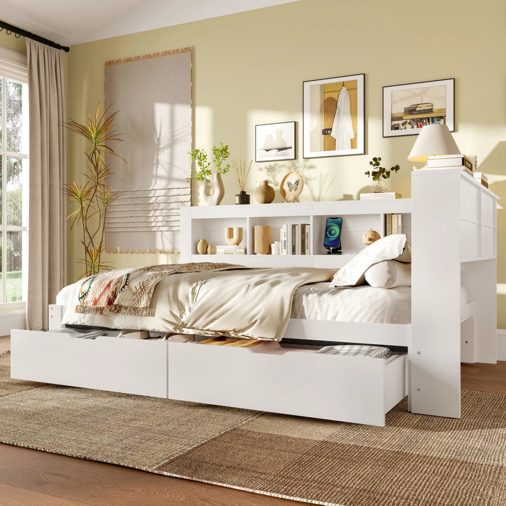 LETTO Sofà letto 140x200 cm Bianco con 2 cassetti, prese e 2 porte USB