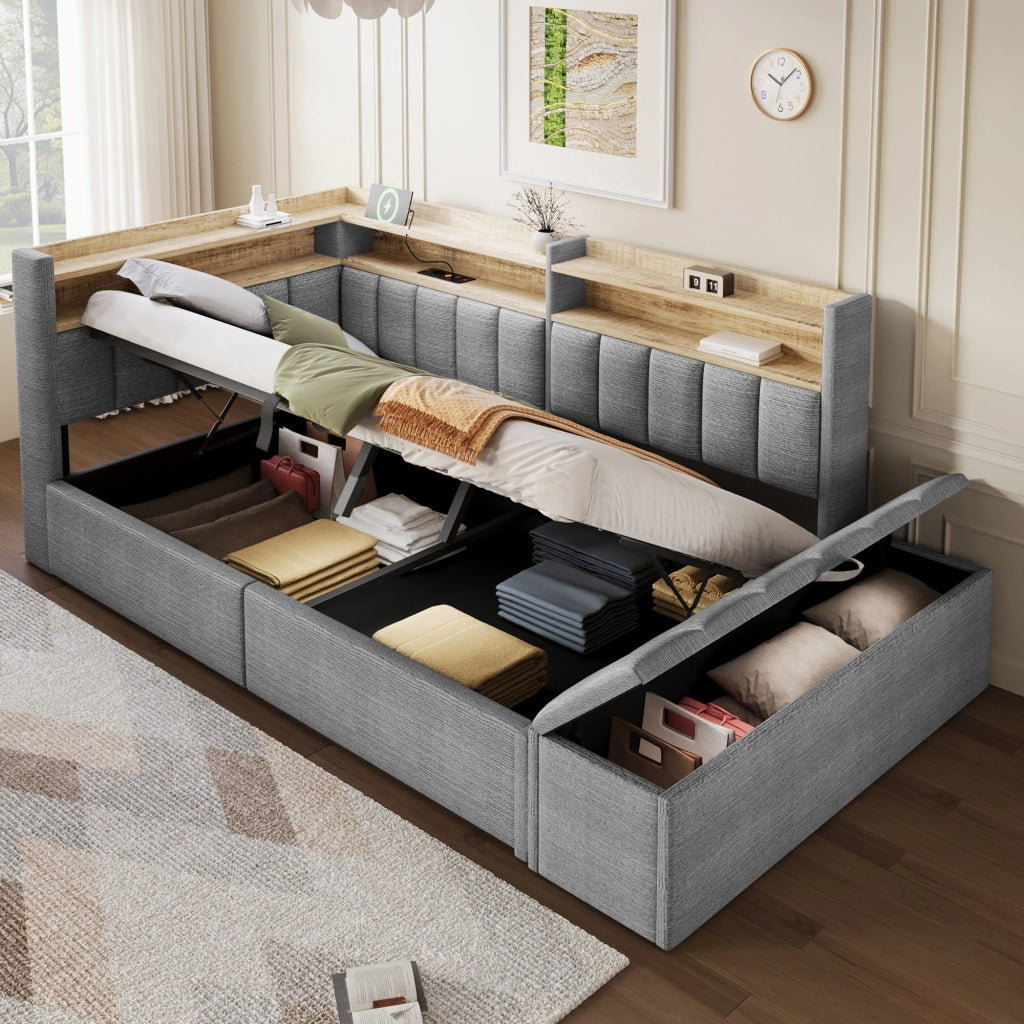 Daybed Imbottito 90x200 cm con Sollevamento Idraulico; Vano Contenitore; LED; USB; Grigio