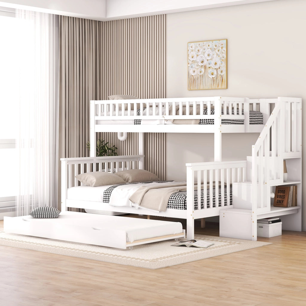 Letto a castello 90 × 200 cm e 140 × 200 cm con letto estraibile, mensole e scala, senza materasso, in pino bianco