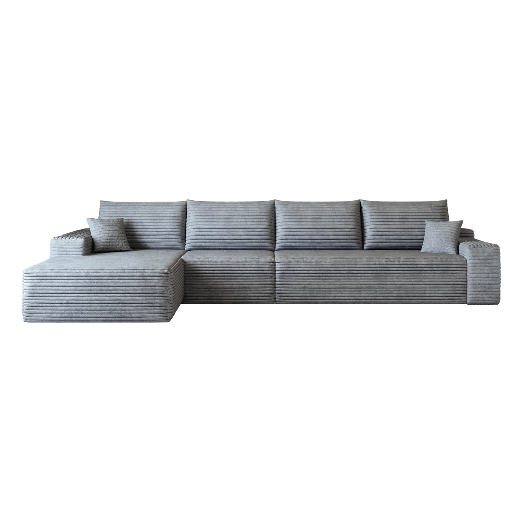 Divano angolare modulare con chaise longue e seduta profonda, pronto all'uso in tessuto a coste grigio