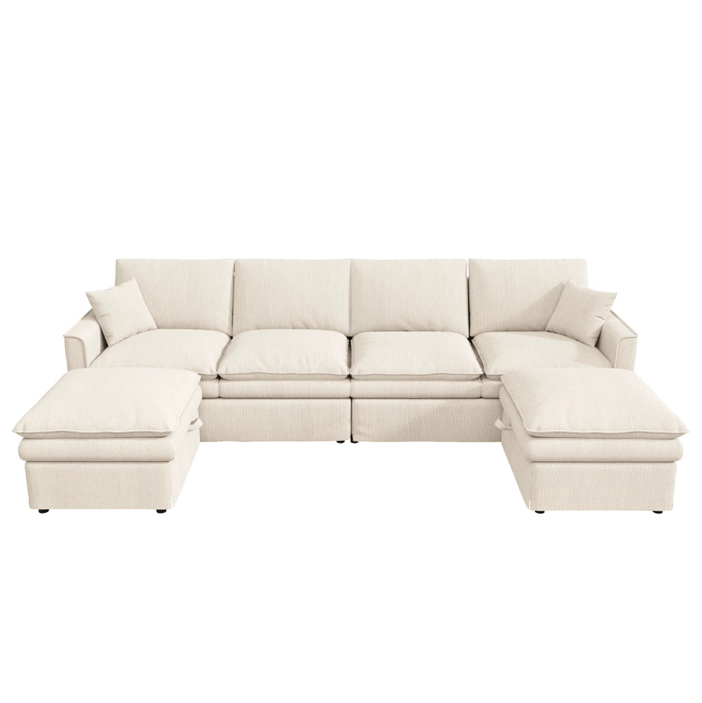 Divano modulare ad angolo a U/L 6 posti con 2 pouf contenitori, tessuto cotone-lino beige, 277×80×135 cm