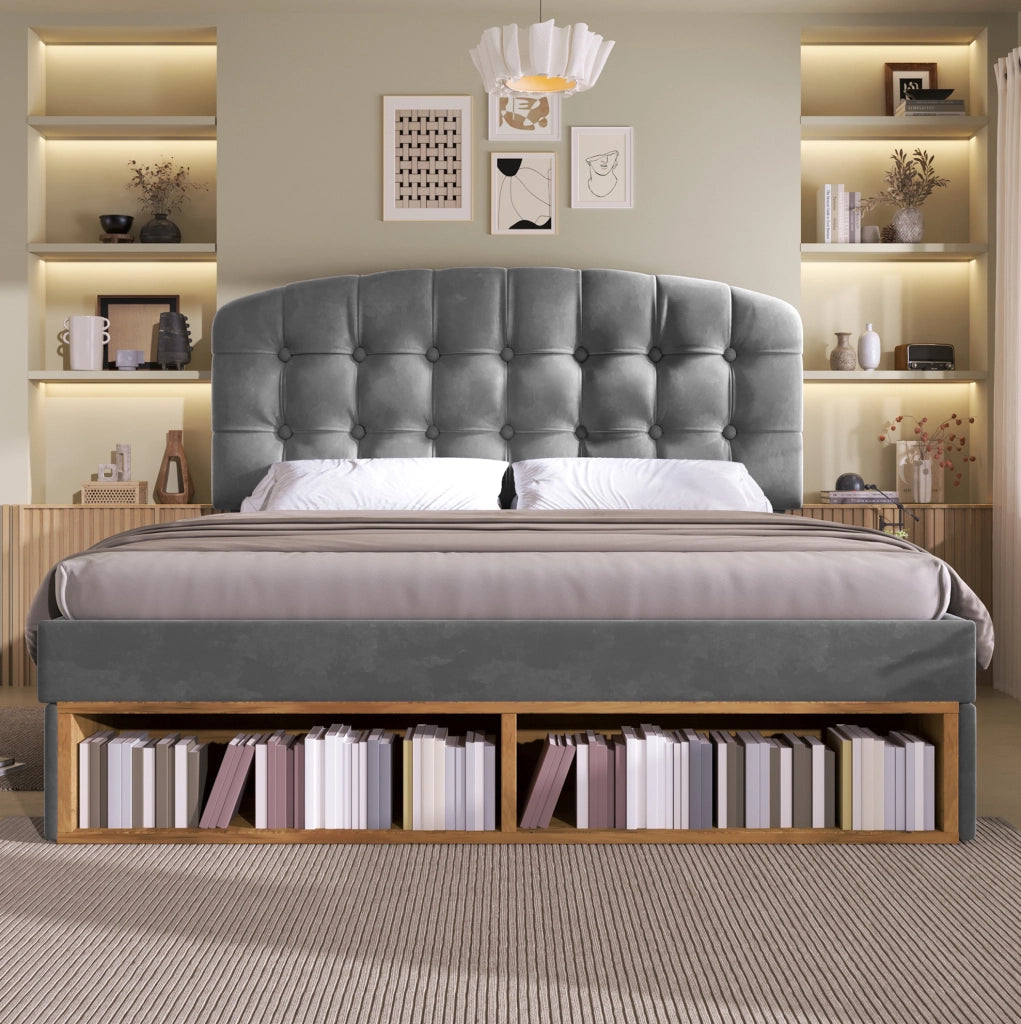 Letto matrimoniale imbottito 140x200 cm in velluto grigio con testiera regolabile, rete a doghe e cassetti contenitori