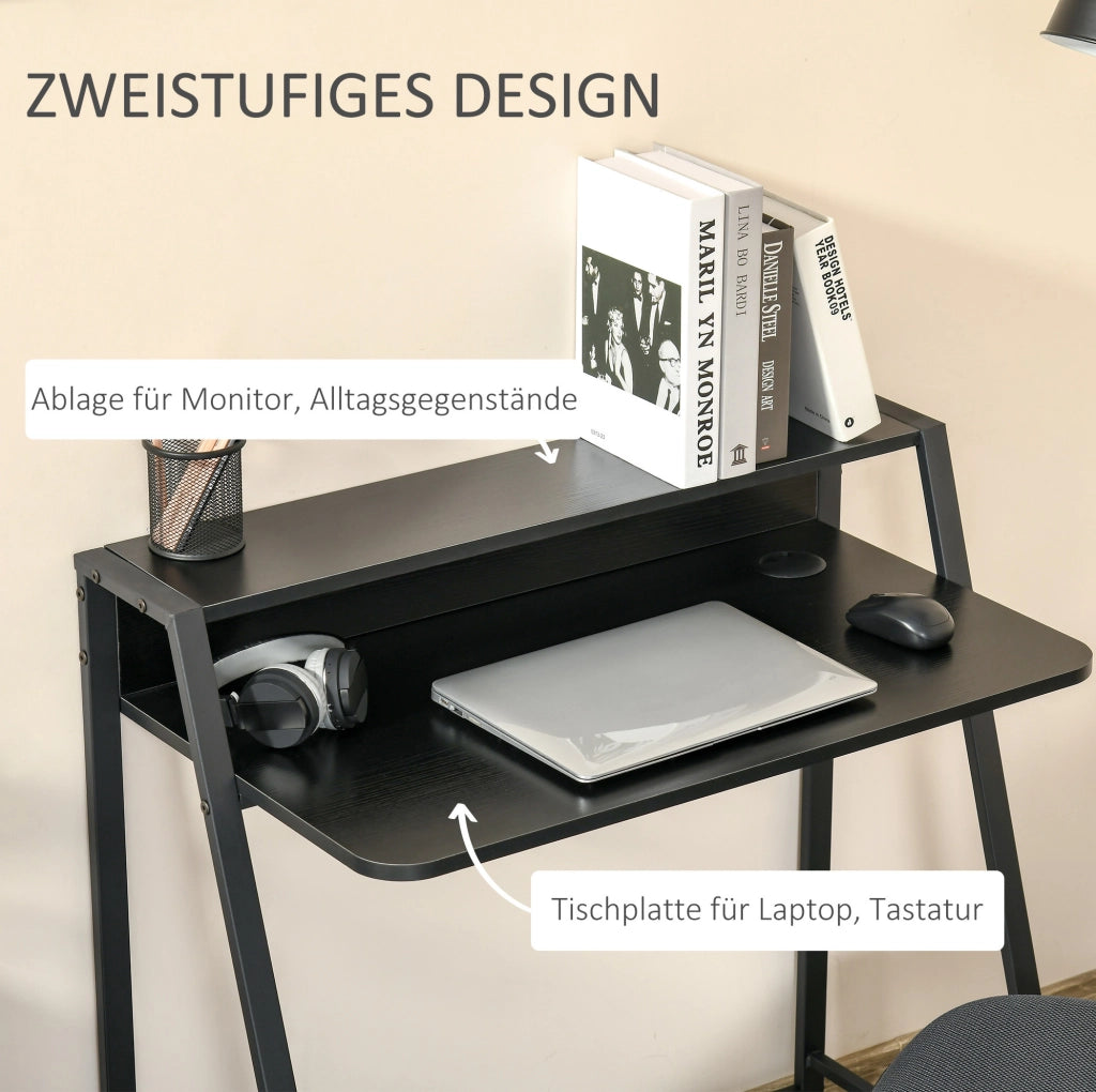 Scrivania minimalista nera in metallo con ripiano e gestione cavi 84x45x85 cm per ufficio e studio