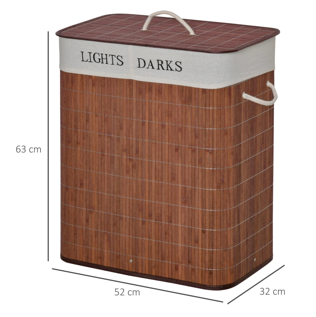 Cesto porta biancheria 100L con 3 maniglie, fodera staccabile e lavabile, struttura in bambù, cotone e metallo, 52x32x63 cm, marrone e bianco