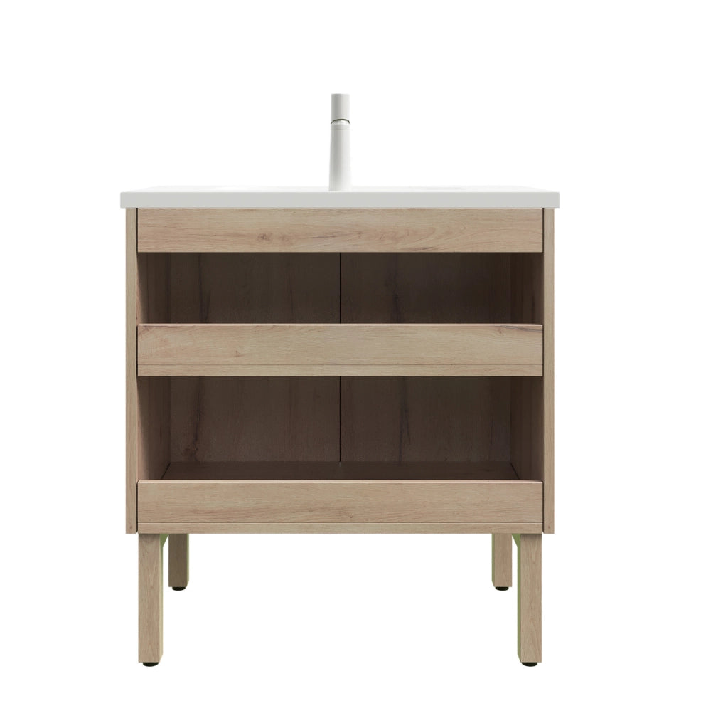 Mobile bagno indipendente NIKO 80 cm con lavabo in ceramica bianca e armadietto a righe in effetto legno di quercia bianca