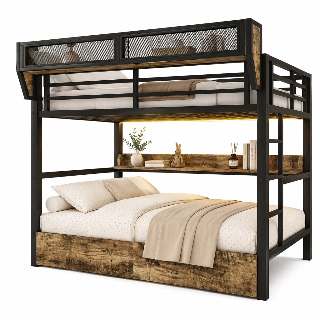 Letto a castello ULEVR 140x200 cm con LED multicolore, 2 cassetti, ripiani e cestino laterale, nero