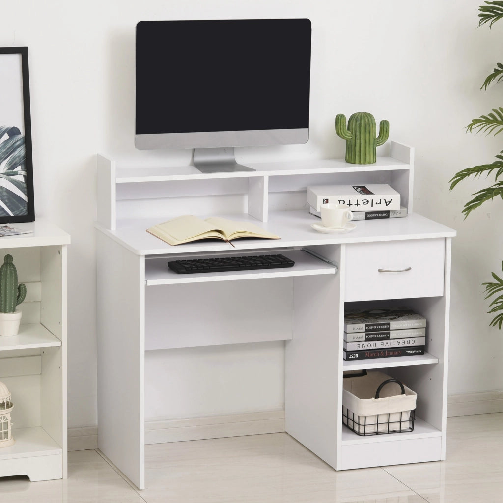 EasyComfort Scrivania per Computer Compatta, Scrivania PC Fisso in Legno Bianco con Ripiano Tastiera Estraibile e Mensole 104x48x95.5cm