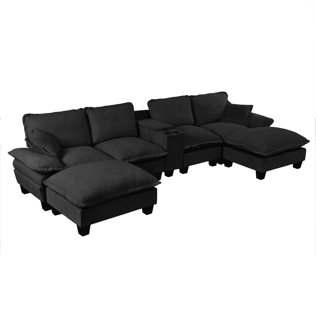 Divano Modulare a U con Ottomane, Contenitore, USB e Cuscini ¨C MINIMAL ¨C Chenille Nero