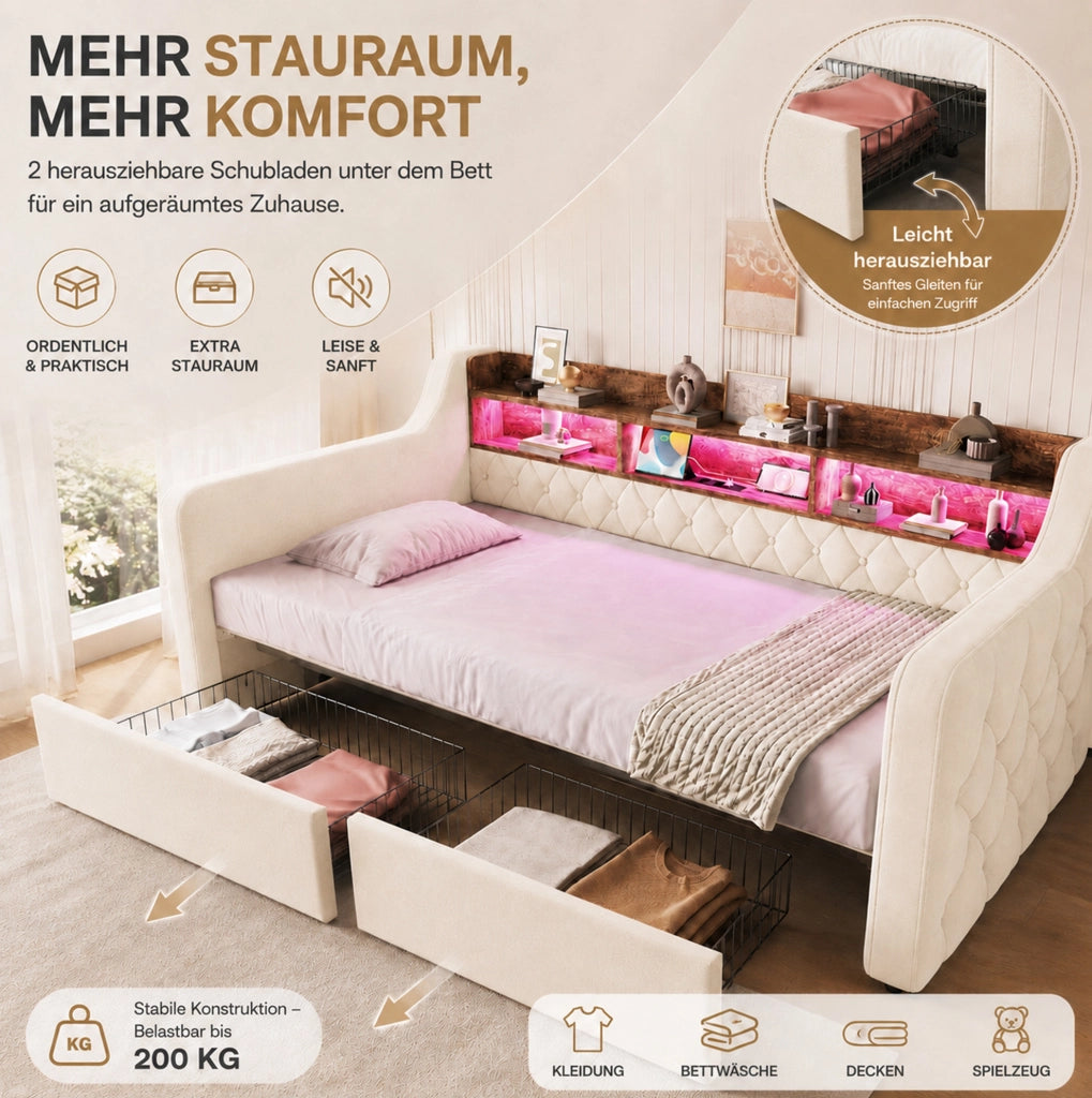 Letto imbottito beige 90 x 190 cm con LED, ripiani e 2 cassetti