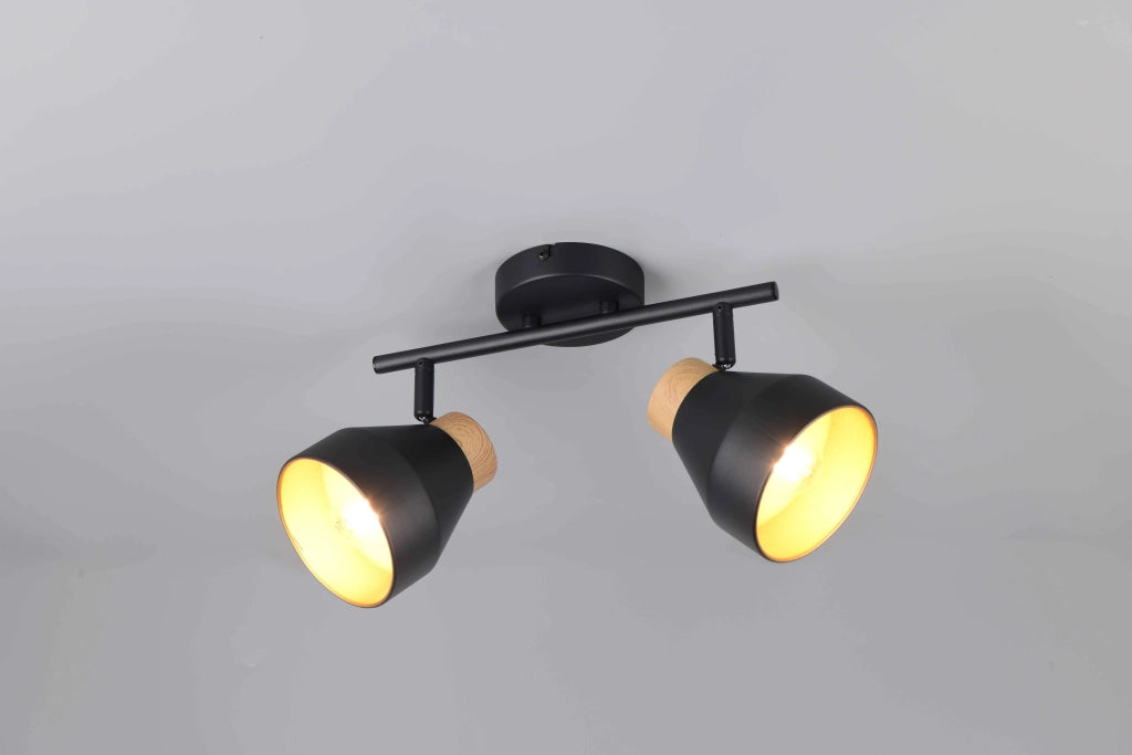Barra 2 spots, metallo e legno, nero e oro, L 32 cm, Valentin