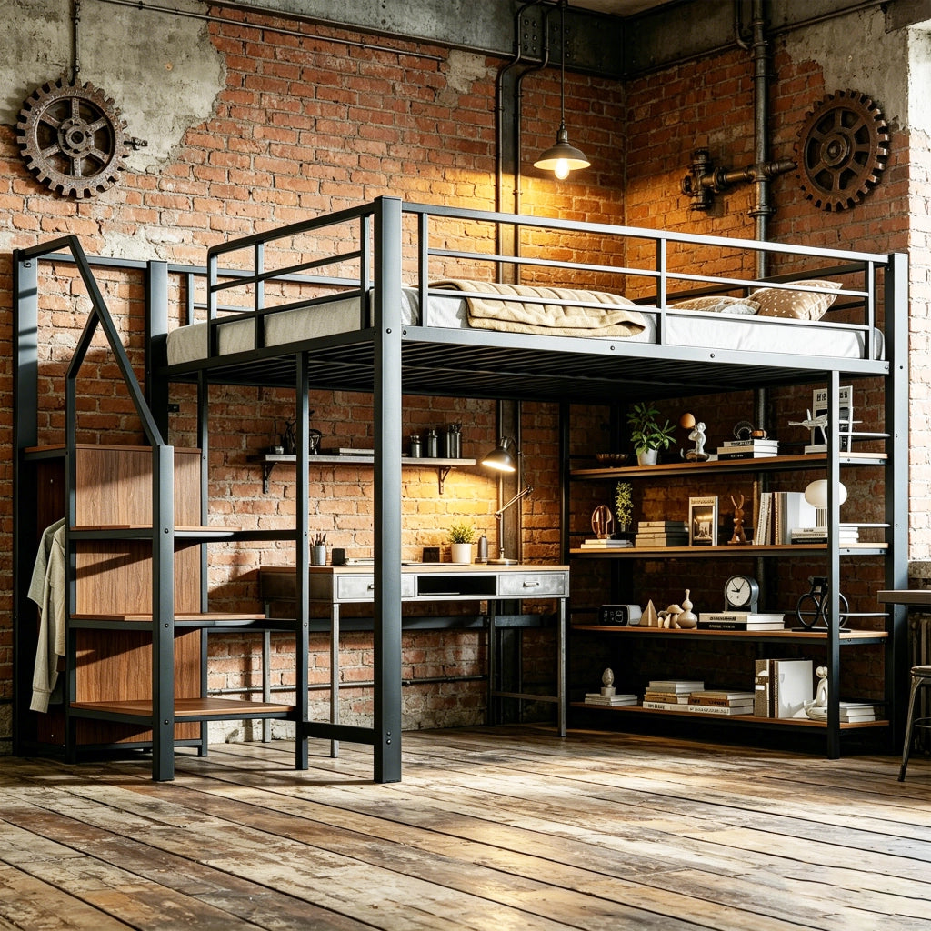 Letto a soppalco 140 × 200 cm con scala contenitore armadio e ripiani in metallo nero