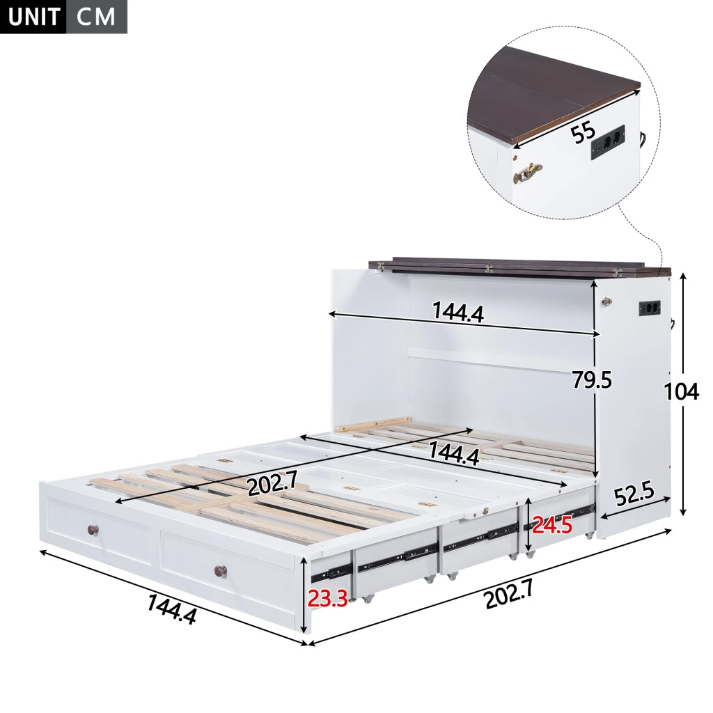 Letto matrimoniale trasformabile 140 × 200 cm con cassetto ripiano USB e presa in pino e MDF bianco