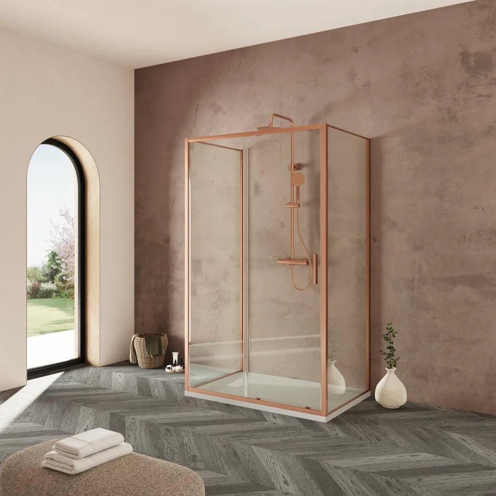 Box doccia tre lati 70x120x70cm con porta scorrevole profili rame spazzolato vetro 6mm trasparente anticalcare h190| Portofino