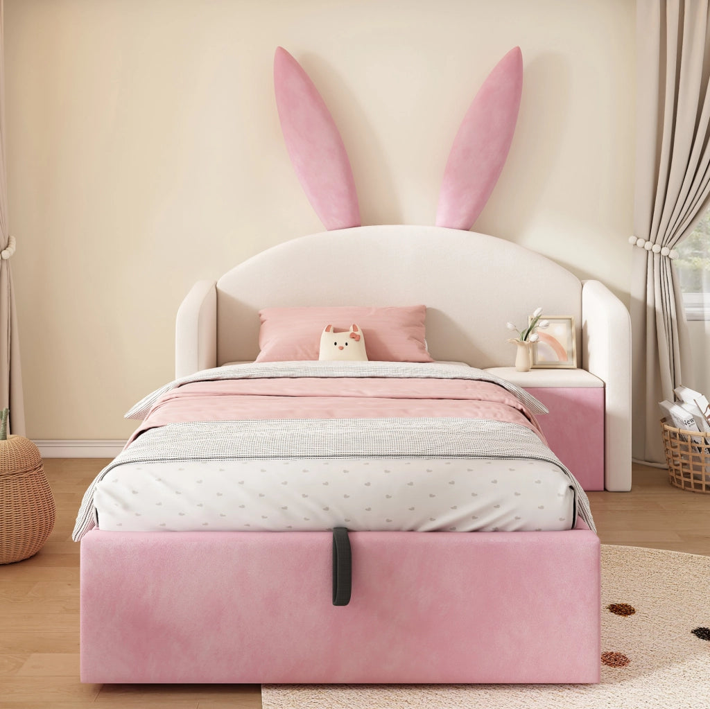 Letto per bambini 90x190 cm con testiera imbottita in velluto, orecchie con contenitore e comodino beige e rosa (senza materasso)