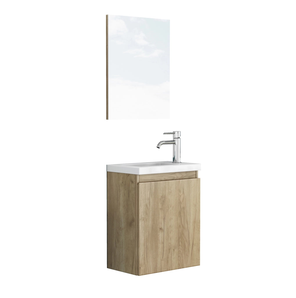 Mobile bagno sospeso 40 cm effetto legno con lavabo in ceramica e specchio, design senza maniglie, cerniere ammortizzate, preassemblato
