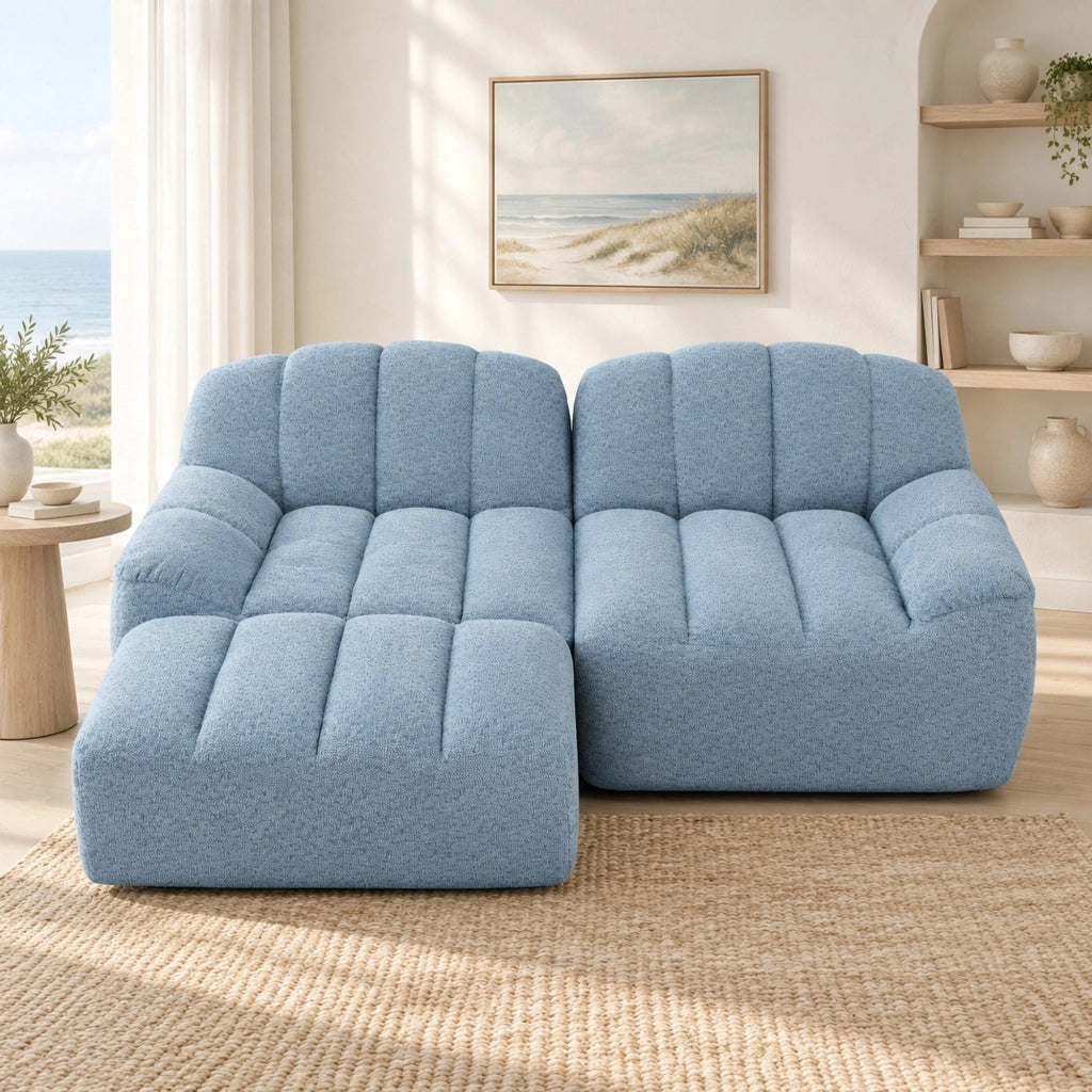 Divano angolare modulare 210x165x79 cm in tessuto blu, senza montaggio