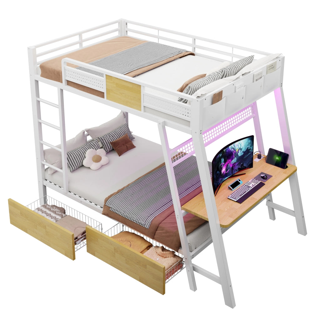 Letto a castello due posti 90 × 200 cm con scrivania; LED; prese USB e Type-C; vani portaoggetti; metallo bianco