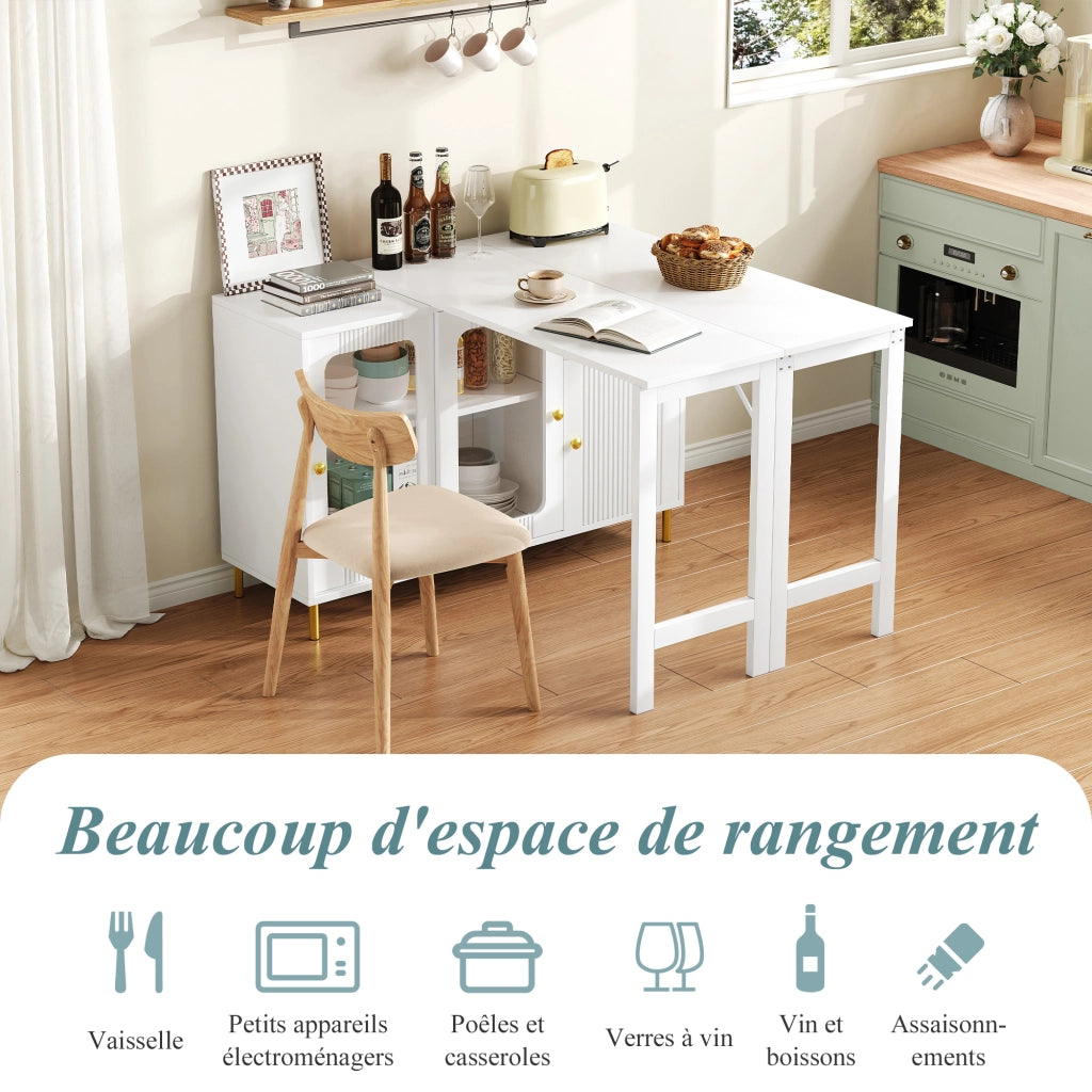 Credenza e madia con tavolo pieghevole, ante scorrevoli e cassetti, per sala da pranzo, bianco, 116 × 40 × 78.5 cm