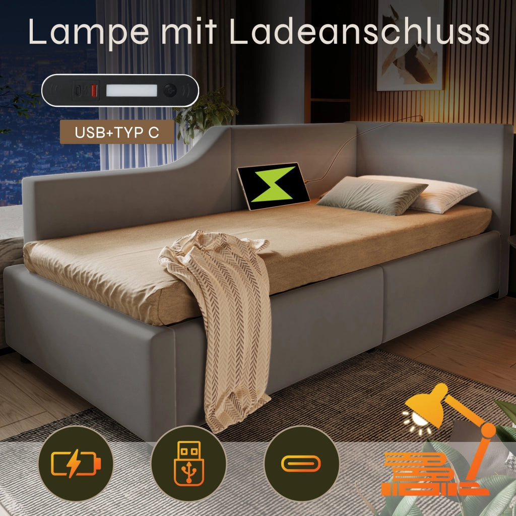 Letto contenitore 90 × 200 cm con rete a doghe idraulica rivestito in velluto grigio con luce da lettura USB-C