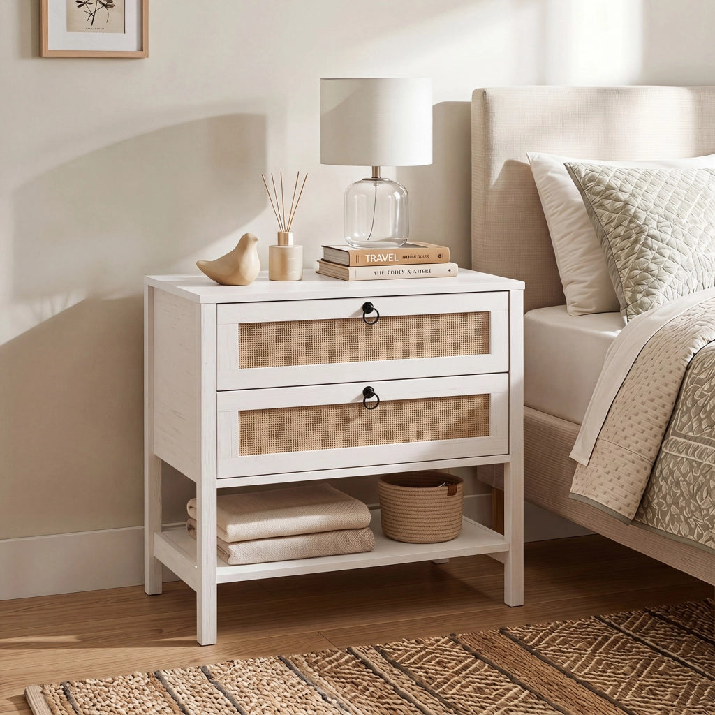 Comodino camera da letto bianco con 2 cassetti e 1 ripiano aperto con rattan decorativo, Tavolino laterale da divano camera per salotto