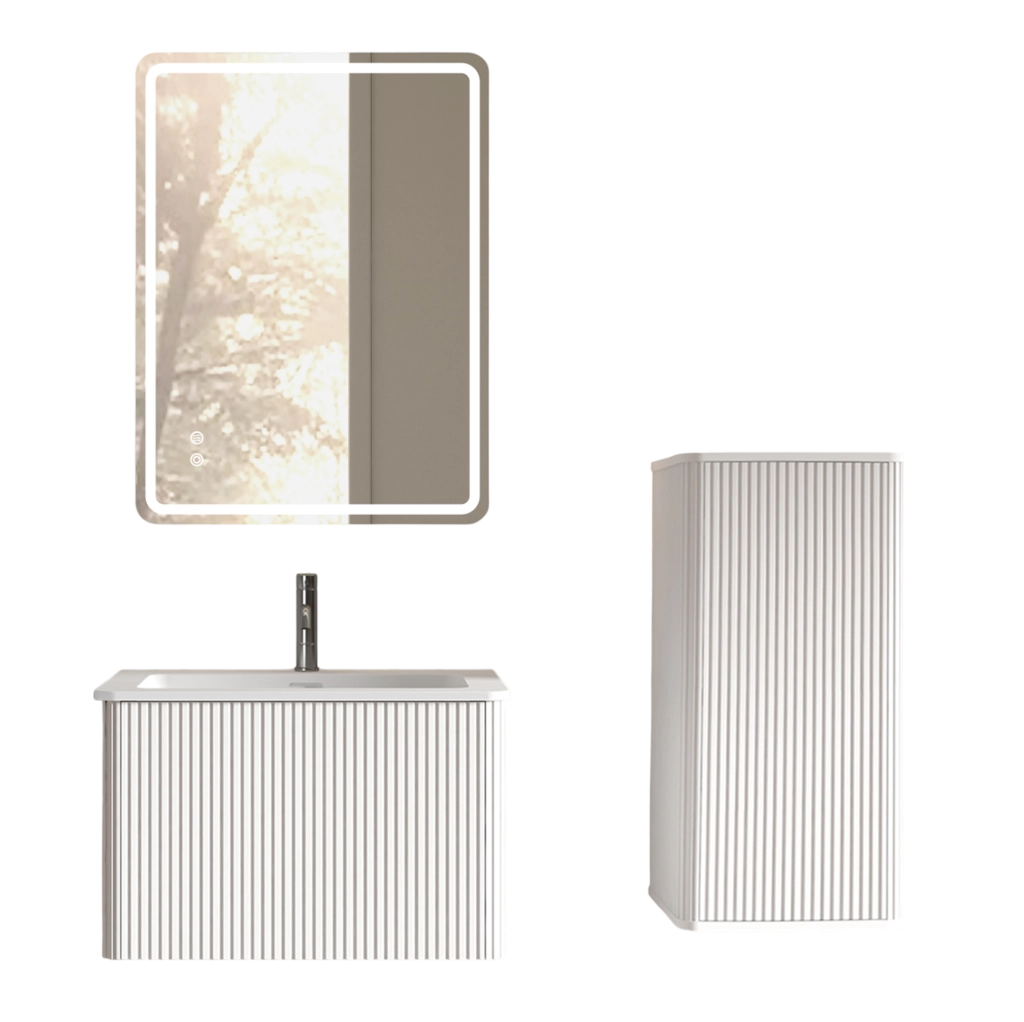 Set Mobili Bagno Moderno con Specchio LED, Mobile Sottolavabo 60 cm Bianco con Lavabo in Pietra Sintetica e Colonna Laterale