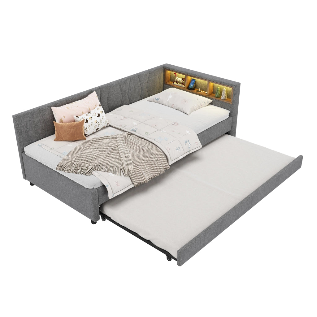 Letto singolo 90x200 cm con secondo letto estraibile; LED; USB e tipo C; lino e MDF; beige