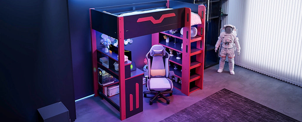 Letto a soppalco in legno 90x200 cm con scrivania, scaffalatura a più livelli, illuminazione LED e scala con contenitore, nero e rosso