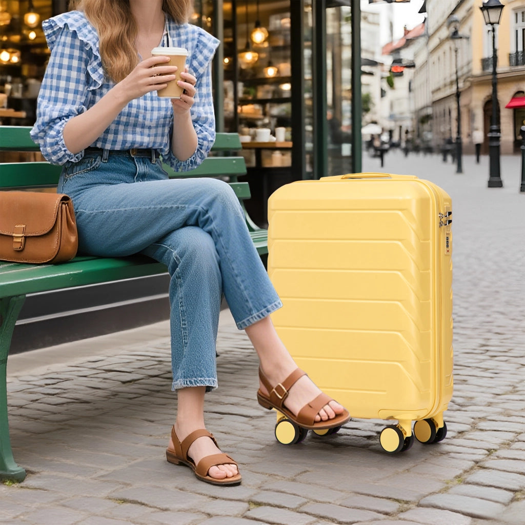 Set di valigie rigide 2 pezzi in ABS giallo con trolley da 19 pollici e beauty case rimovibile da 14 pollici