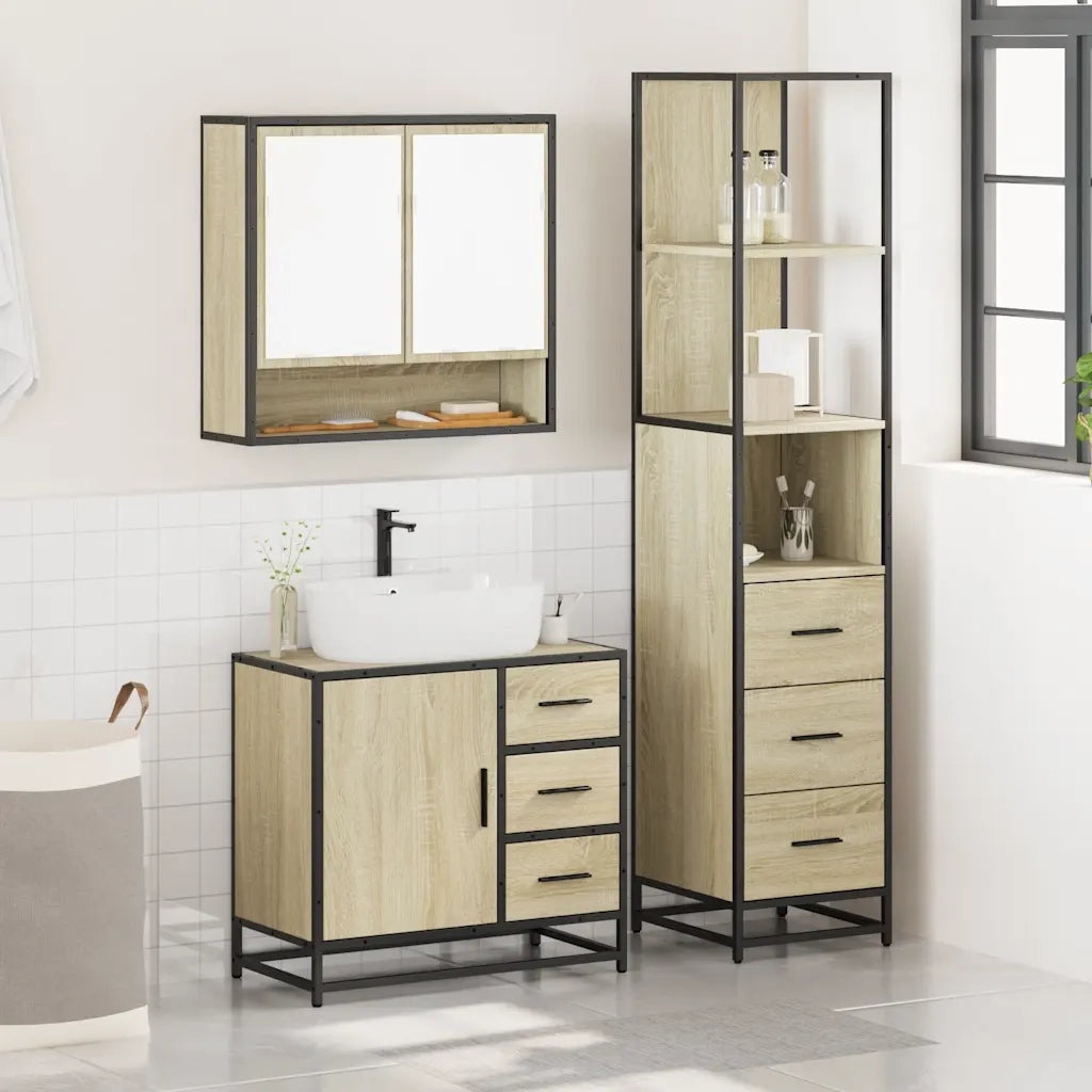 Set Mobili da Bagno | Armadio da bagno 3 pz Rovere Sonoma in Legno Multistrato