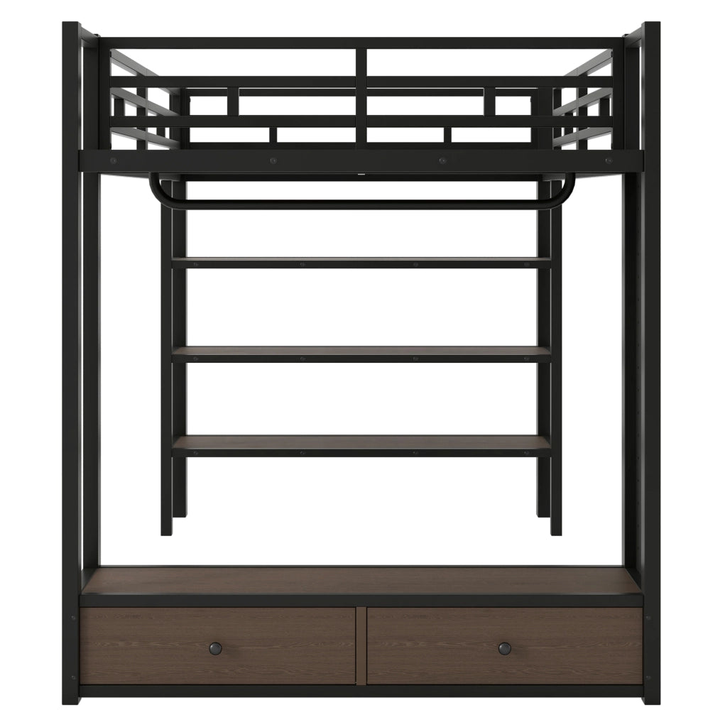 Letto a soppalco in metallo 140x200 nero con armadio aperto, ripiani, pannello forato e illuminazione LED