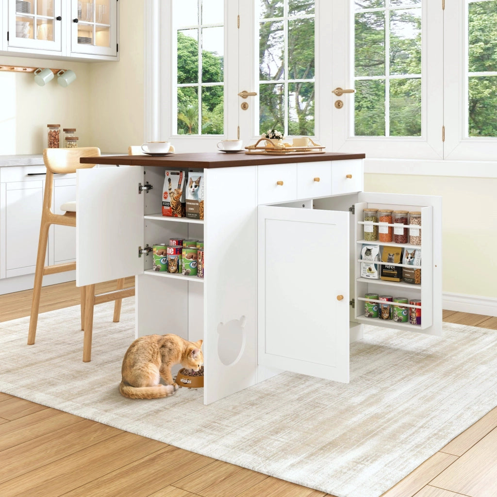 Mobile base da cucina con piano estraibile; 3 cassetti; portaspezie e area pappa per gatto in MDF bianco noce