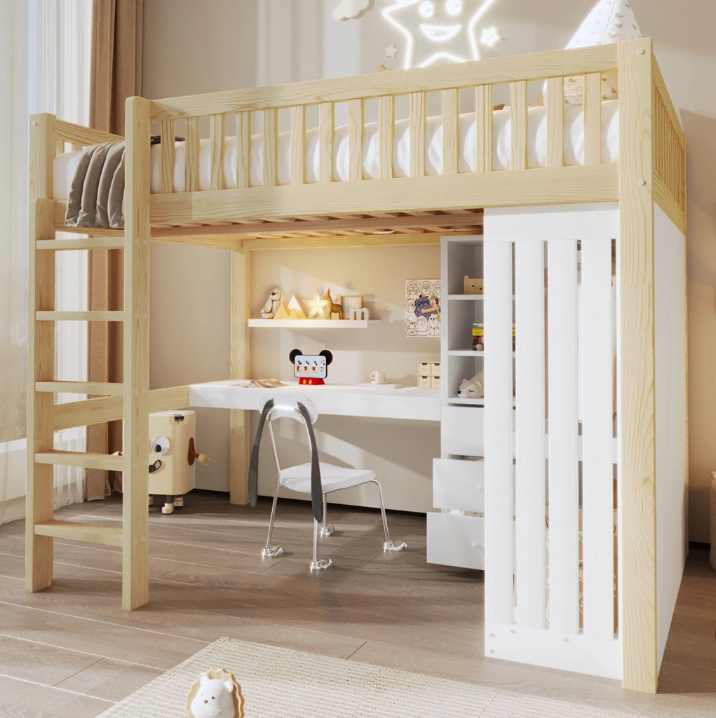 Letto a soppalco con scrivania, armadio e 3 cassetti, 140 x 200 cm, colore naturale