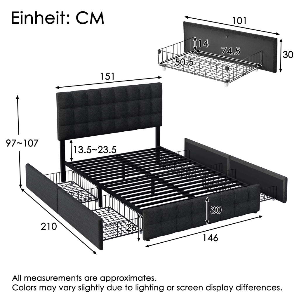 Letto matrimoniale imbottito 140 × 200 cm con 4 cassetti testiera regolabile in lino nero e rete in acciaio
