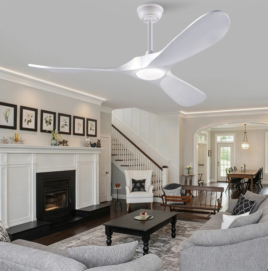 Ventilatore da soffitto ULEVR 52" bianco con LED dimmerabile, 3 pale in legno massello e telecomando
