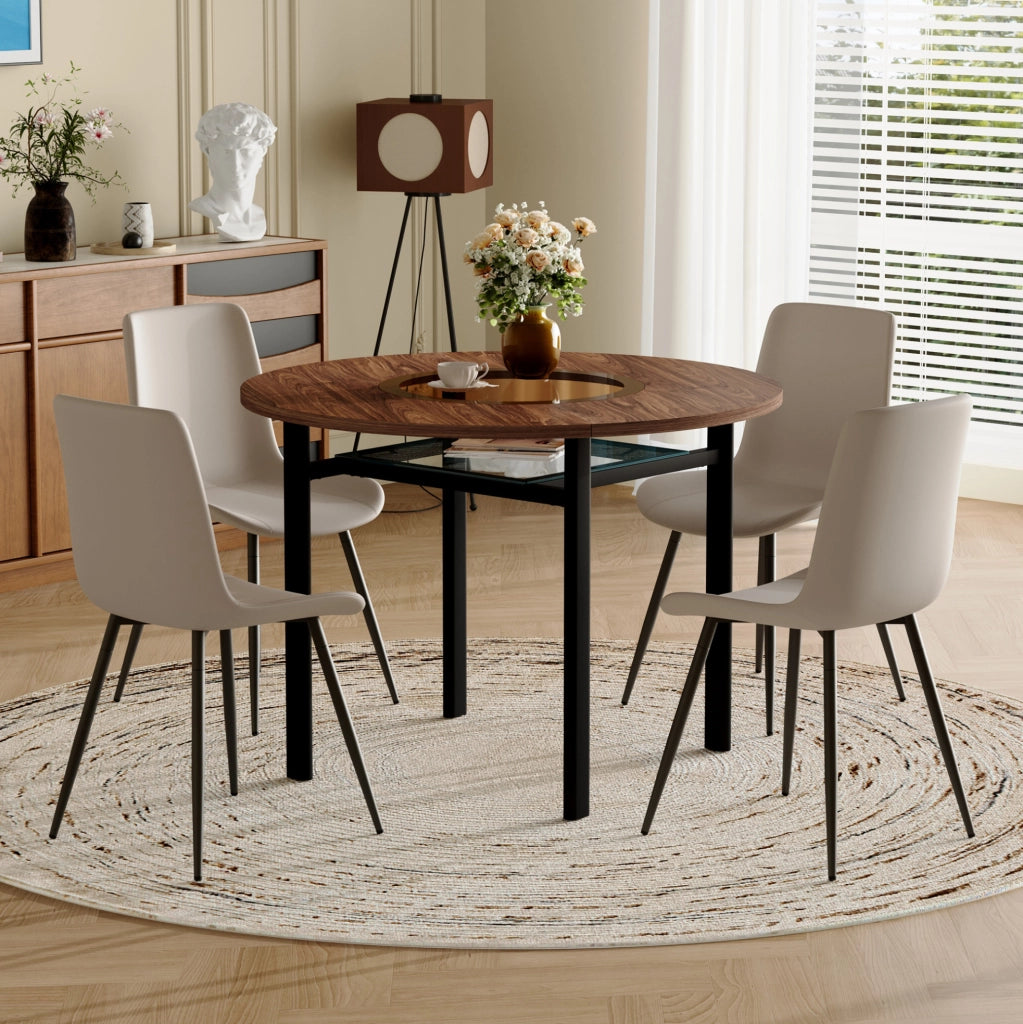 Set tavolo rotondo 100 cm marrone e nero con 4 sedie in similpelle PU