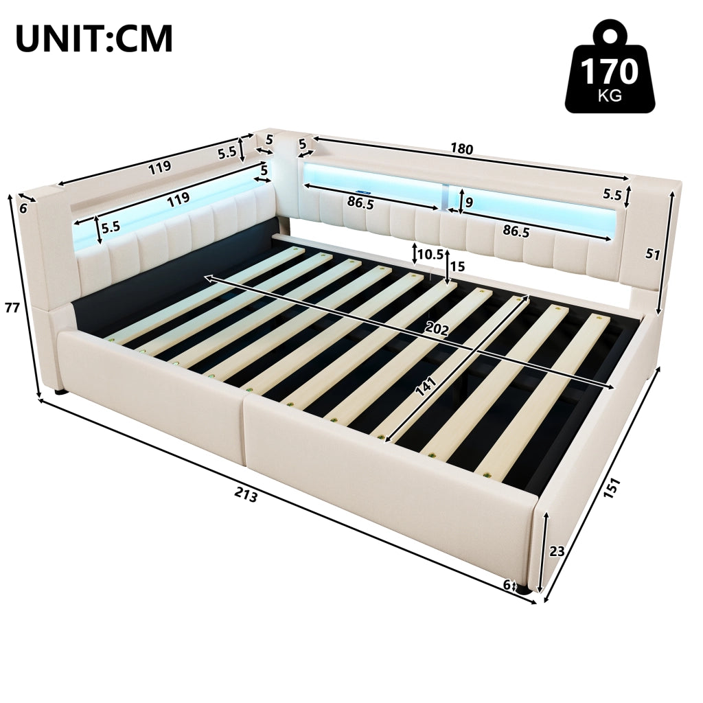 Letto divano contenitore 140x200 cm in lino beige con apertura idraulica; LED; USB e USB-C