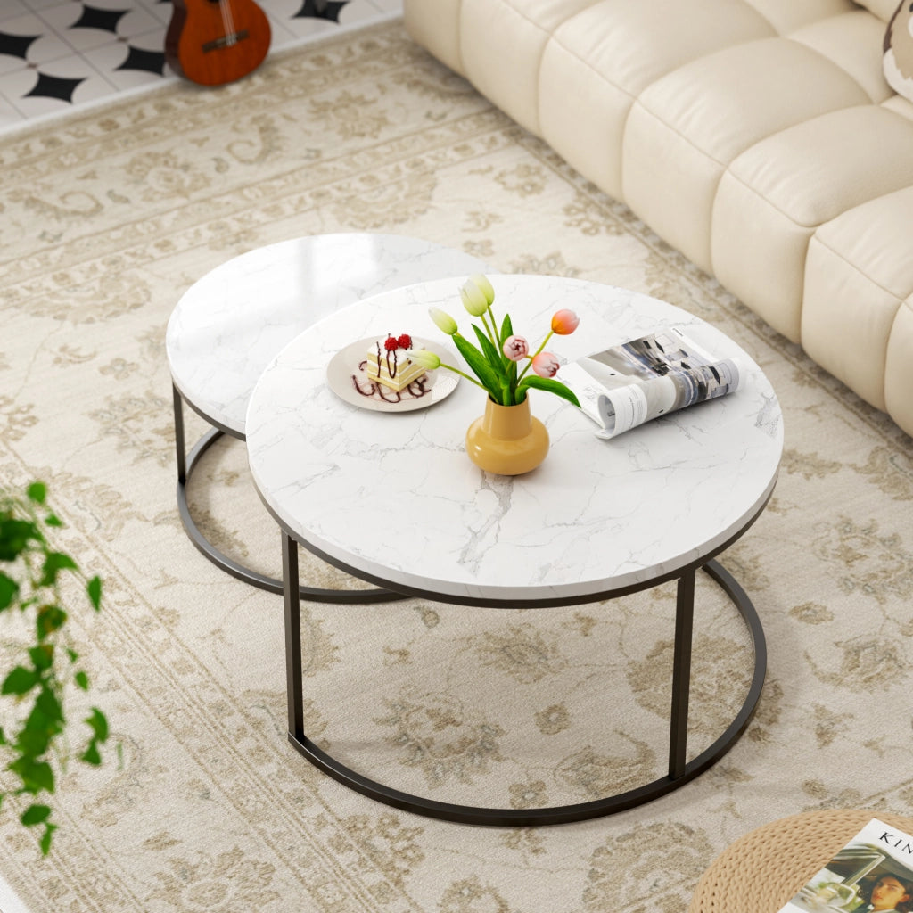 Set di 2 tavolini da caffè impilabili in MDF effetto marmo e ferro; bianco e nero