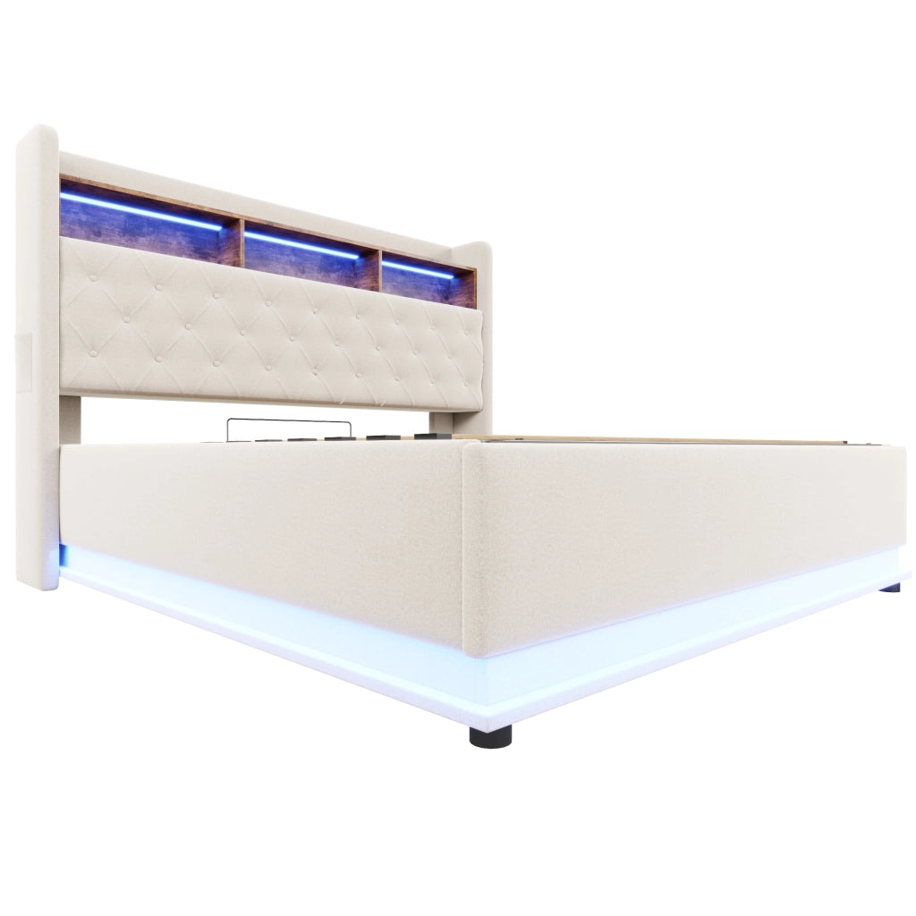 Letto matrimoniale imbottito 180 x 200 cm con luci LED multicolore; vano contenitore idraulico e presa USB; beige