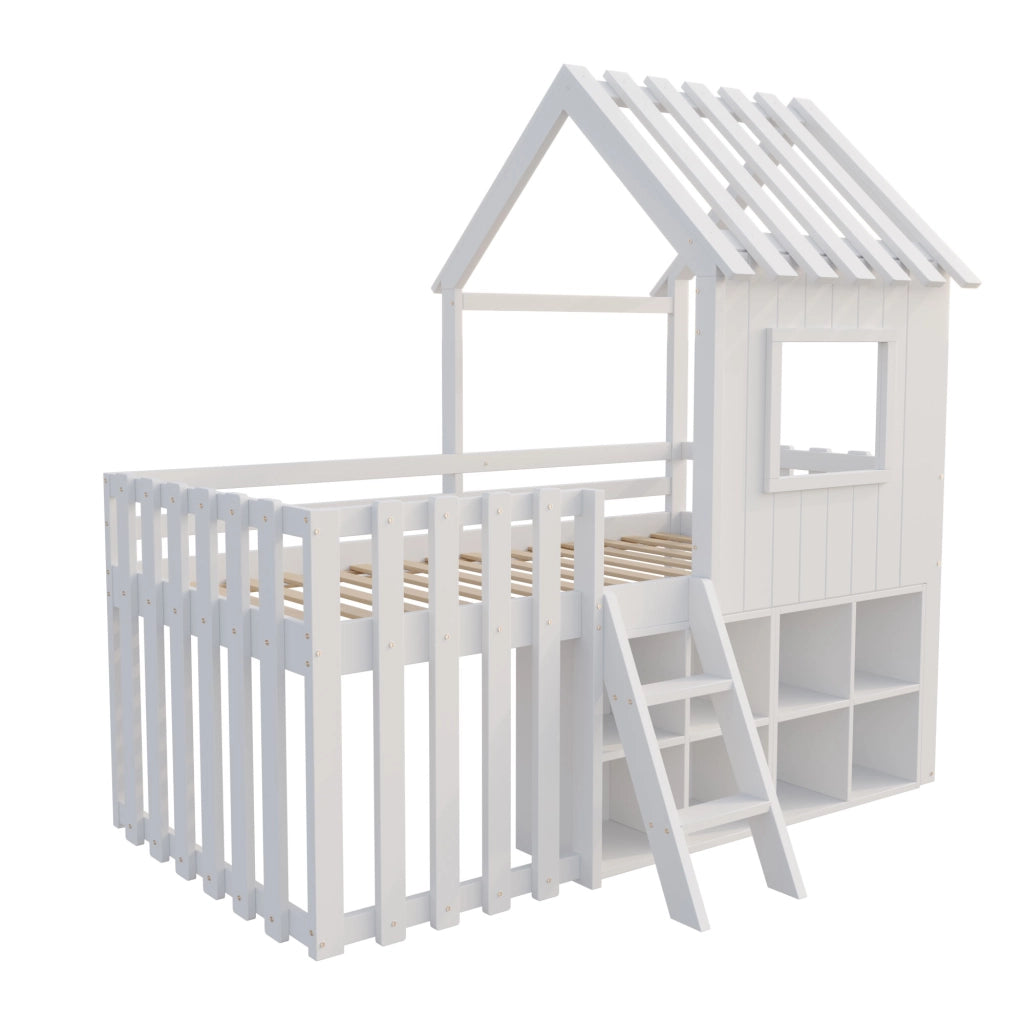 Letto casetta per bambini 90x200 in legno massello; rialzato con scala; contenitore e struttura bianca