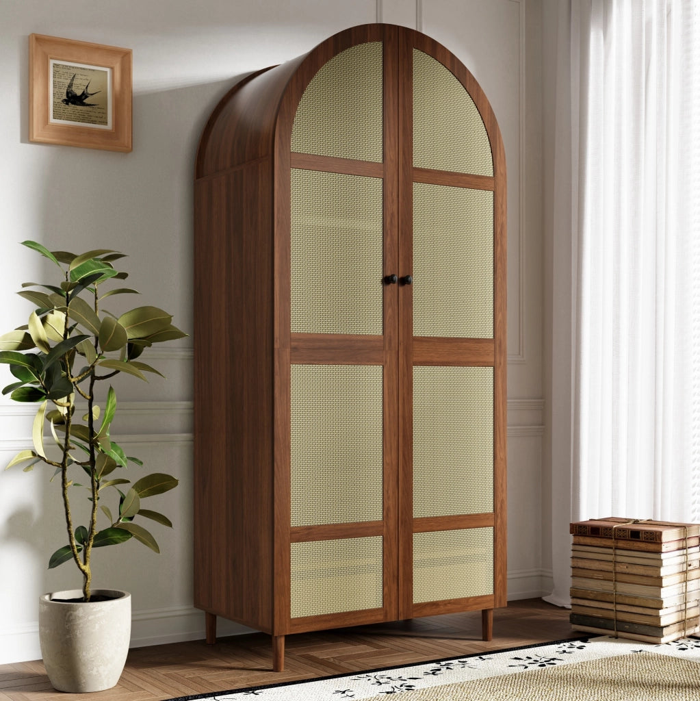Armadio con ante curve in rattan, 80x50x179 cm