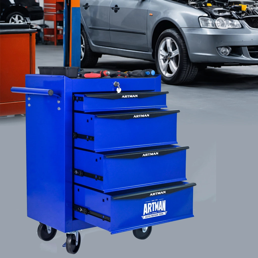 Mobile contenitore con 4 cassetti, ruote e serratura - per garage - in acciaio - nero blu