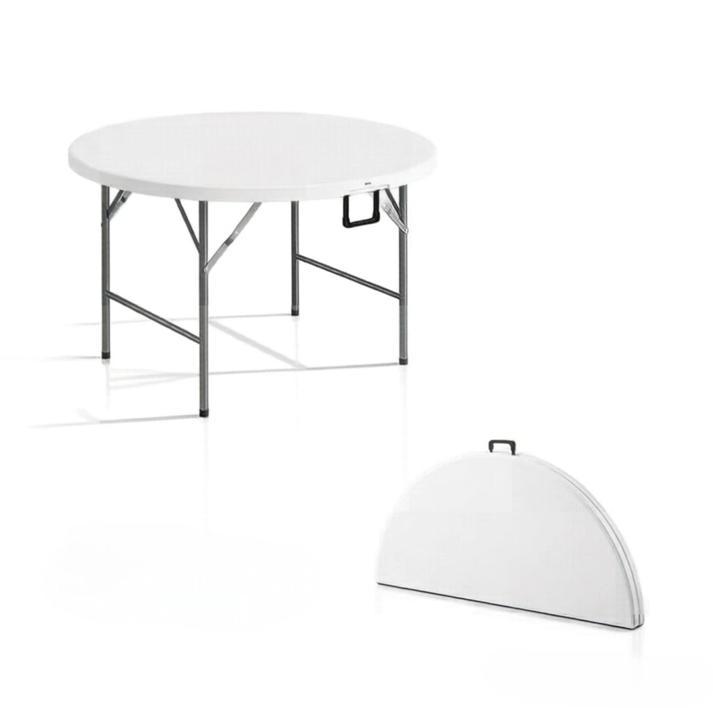Tavolo da giardino rotondo pieghevole Ø122x73 cm in HDPE bianco –