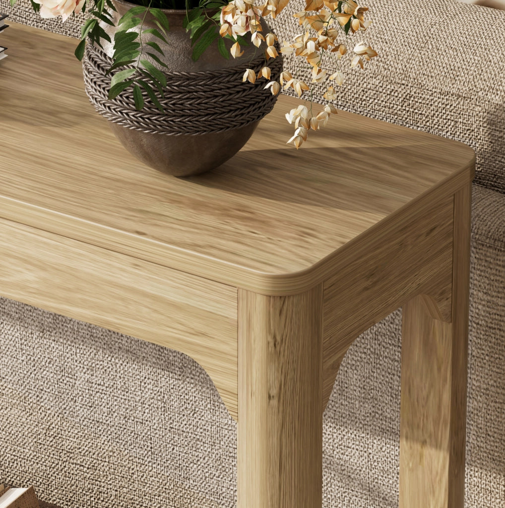 Tavolo consolle stretto 140 cm con ripiani aperti in MDF naturale HOMVRA
