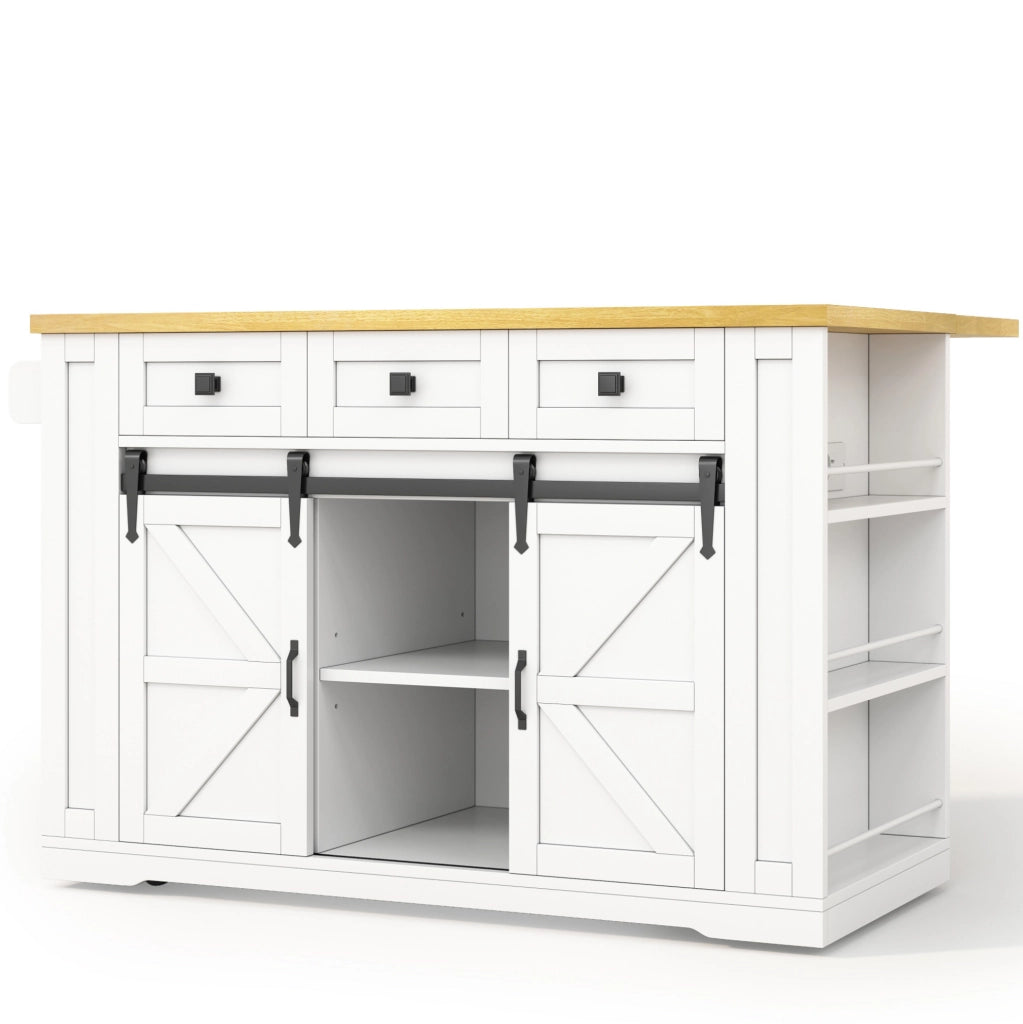 Isola da cucina con piano ribaltabile; ruote e prese USB; 130x50(80)x87 cm; bianco naturale