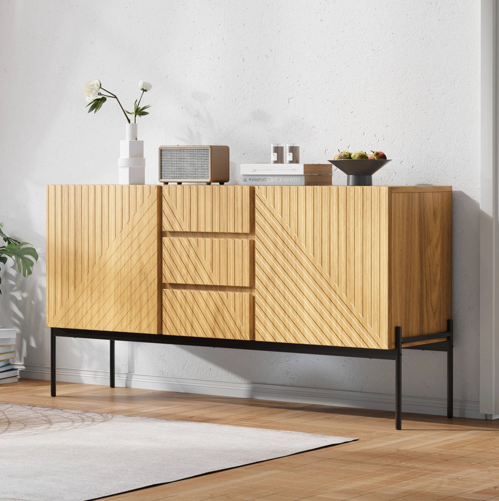 Credenza con 2 ante e 3 cassetti, gambe in metallo, mobile TV, buffet con design a linee, dimensioni H75 x L140 x P40 cm, colore naturale