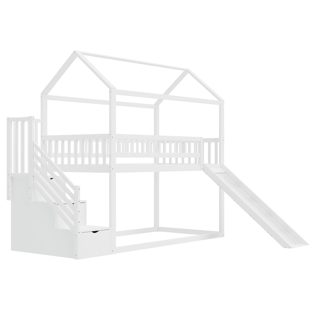 Letto a soppalco 90 × 200 cm con scivolo e scala contenitore in legno bianco; rete a doghe e sponde alte
