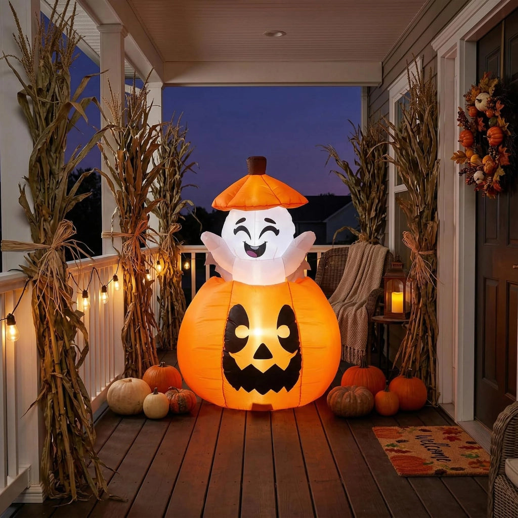 Fantasma e Zucca Gonfiabili di Halloween 150cm con Luci LED e Timer Decorazione da Giardino