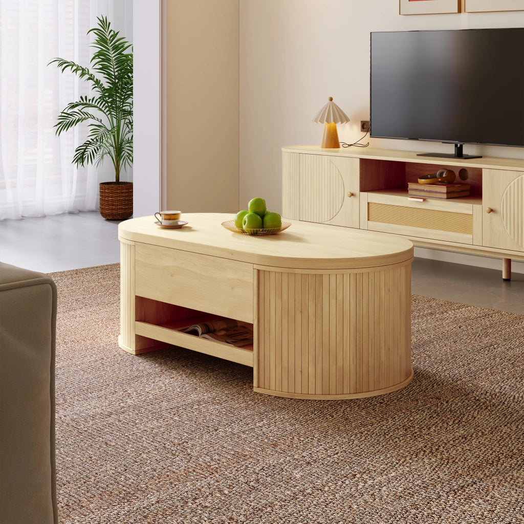 Tavolino da salotto elevabile 110 x 55,5 x 40 cm in MDF effetto legno naturale con vano e mensola